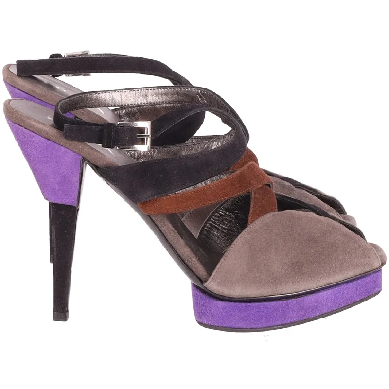 Women's mule - style stiletto heel pumps with a bow accentPrada Color Block Strappy High Heel Sandals in Multicolor Suede