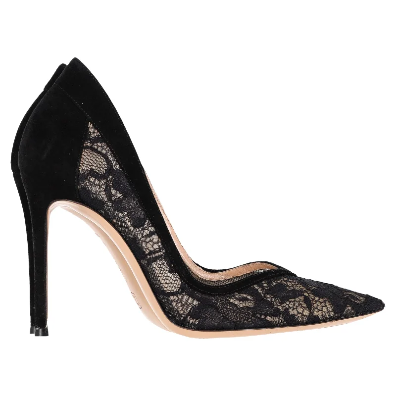 Women's genuine leather stiletto heel pumps with a soft finishGianvito Rossi Lace Pumps in Black Suede