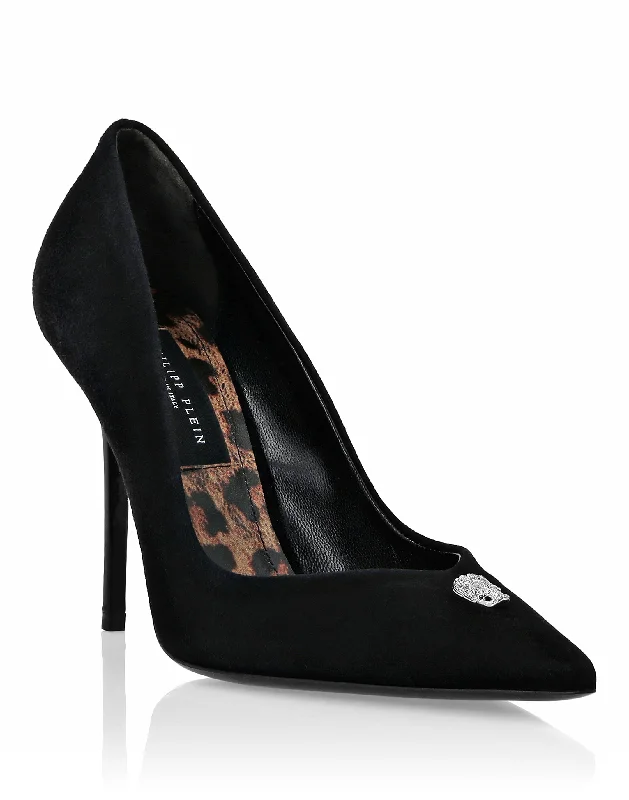 Women's party stiletto heel pumps with a glittery finishSuede Decollete Hi-Heels Crystal Skull