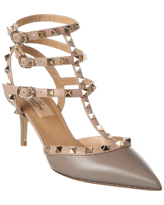 Women's lace - trimmed stiletto heel pumps with a scalloped edgeValentino Rockstud Caged 65 Leather Ankle Strap Pump