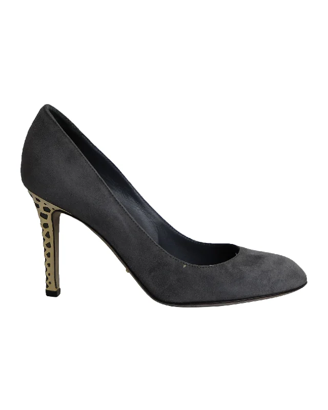 Women's ruffled stiletto heel pumps for a romantic styleSergio Rossi Gold Heel Pumps in Grey Suede