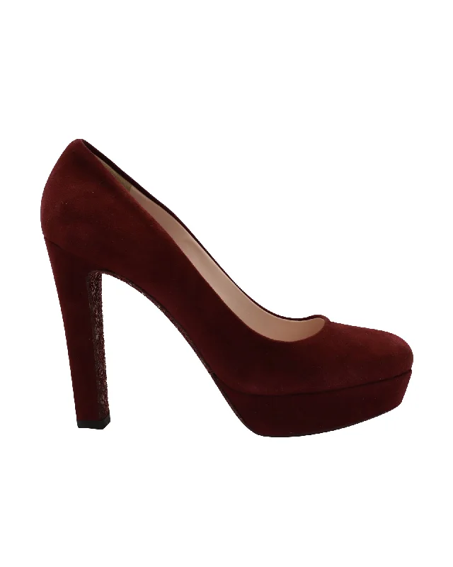 Women's mule - style stiletto heel pumps with a bow accentMiu Miu Glitter Sole Block Heels Platform Pumps in Red Suede