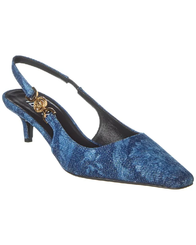 Women's patent leather stiletto heel pumps with a high - shine finishVersace Medusa Denim Slingback Pump