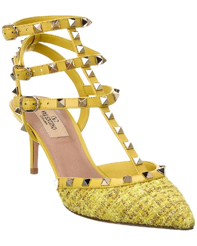 Women's cocktail party stiletto heel pumps with a unique patternValentino Rockstud Caged 65 Leather & Tweed Ankle Strap Pump