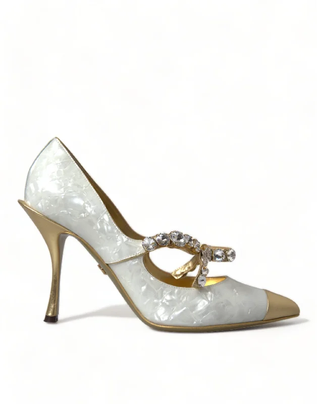 Women's non - slip stiletto heel pumps for safety on slippery floorsDolce & Gabbana Elegant  Patent Crystal Bow Women's Heels