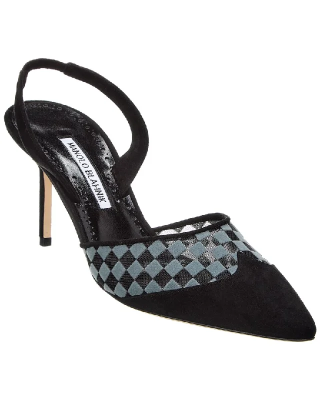 Women's forest green stiletto heel pumps for a nature - inspired lookManolo Blahnik Mingosli 70 Mesh & Suede Slingback Pump