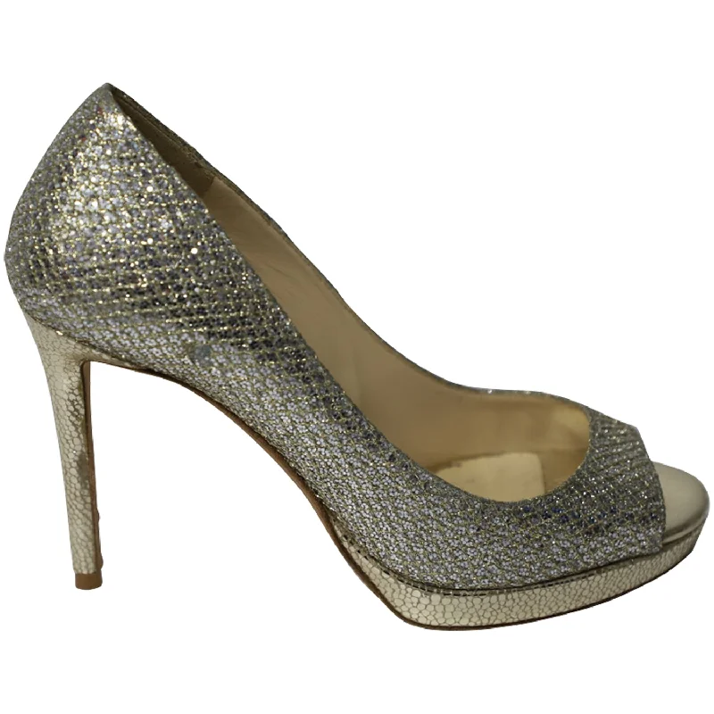 Women's charcoal gray stiletto heel pumps for a neutral yet stylish optionJimmy Choo Metallic Luna Open Toe Pumps in Gold Leather