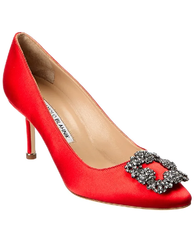 Women's cocktail party stiletto heel pumps with a unique patternManolo Blahnik Hangisi 70 Satin Pump