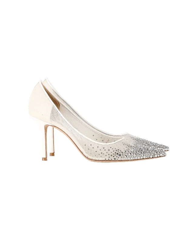 Women's wide - width stiletto heel pumps for a comfortable fitJimmy Choo Love 85 Crystal-Embellished Pumps in Cream Mesh