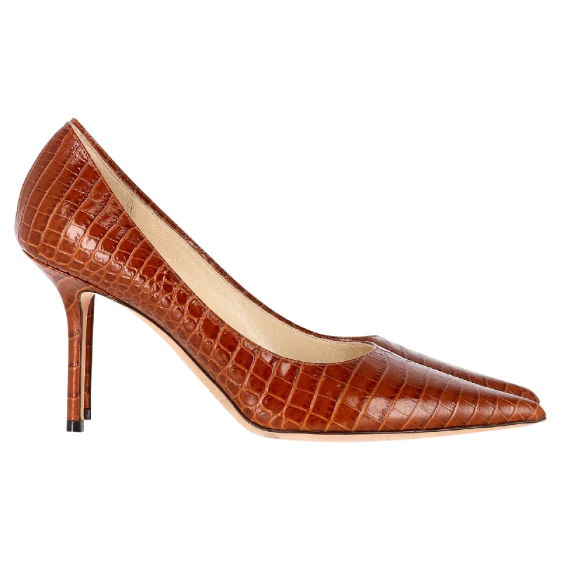 Women's patent leather stiletto heel pumps with a high - shine finishJimmy Choo Croc Embossed Love Pumps in Brown Leather