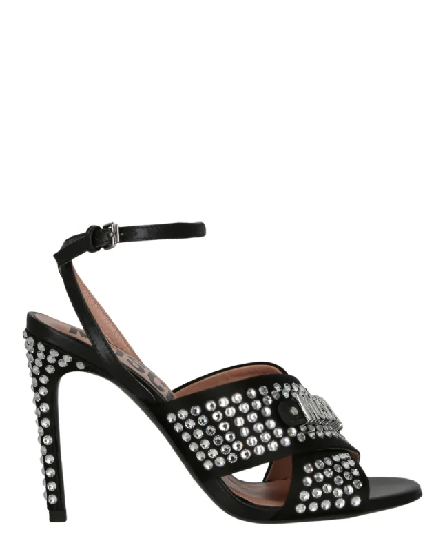 Women's mule - style stiletto heel pumps with a bow accentSatin Crystal Embellished Heel Sandals