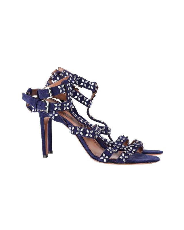 Women's platform stiletto heel pumps with a chunky soleAlaia Flower Stud Ankle Strap Sandals in Navy Blue Suede