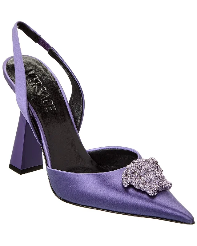 Women's mule - style stiletto heel pumps with a bow accentVersace La Medusa Satin Slingback Pump