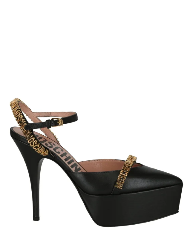 Women's platform stiletto heel pumps with a chunky soleLogo Lettering Ankle Strap Pumps