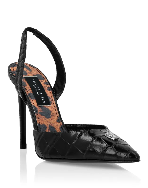 Women's patent leather stiletto heel pumps with a high - shine finishCroco Printed Leather Slingback Shoes