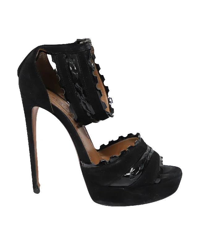 Women's mule - style stiletto heel pumps with a bow accentAlaia 140mm Ankle Strap Pumps in Black Suede