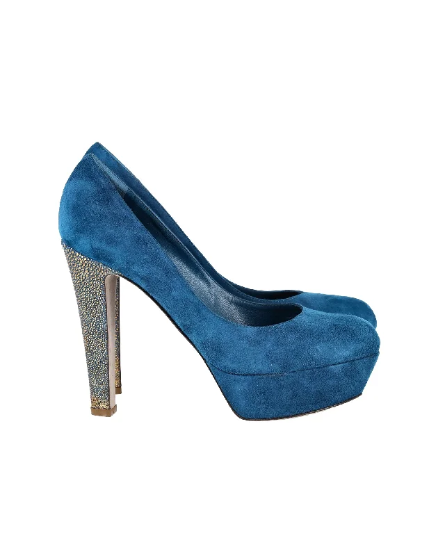 Women's lace - trimmed stiletto heel pumps with a scalloped edgeSergio Rossi Accent Heel Pumps in Blue Suede