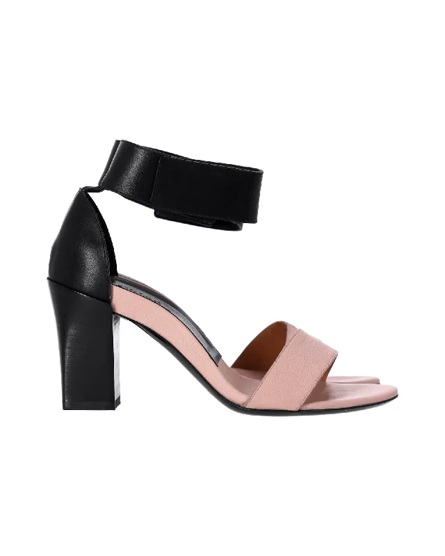 Women's ruffled stiletto heel pumps for a romantic styleChloe Two-Tone Ankle Strap Sandals in Black and Pink Leather