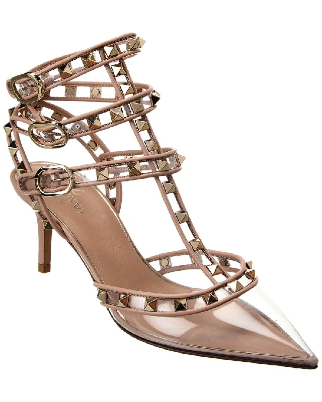 Women's tassel - adorned stiletto heel pumps for a bohemian touchValentino Rockstud Caged 65 Leather & Vinyl Ankle Strap Pump