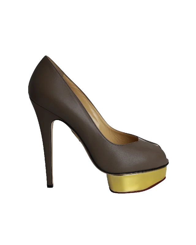 Women's genuine leather stiletto heel pumps with a soft finishCharlotte Olympia Peep-Toe Platform Pumps in Grey Leather