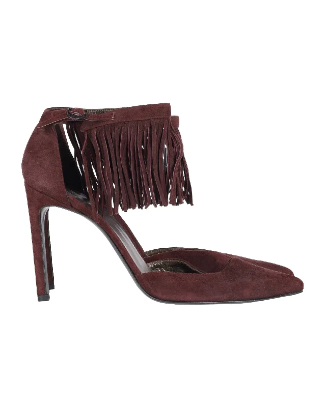 Women's brocade stiletto heel pumps with a vintage feelStuart Weitzman Fringelica Ankle Strap Heels in Burgundy Suede