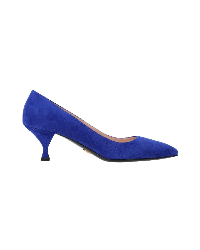 Women's platform stiletto heel pumps with a chunky solePrada Pointed Toe Kitten Heel Pumps in Blue Suede