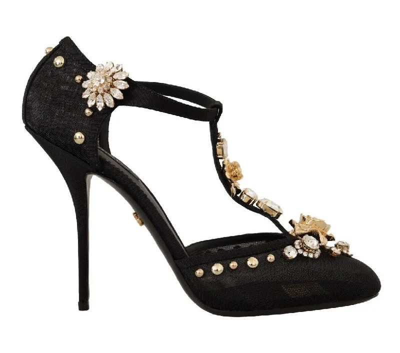 Women's prom stiletto heel pumps in a shimmery fabricDolce & Gabbana Elegant Crystal-Embellished Mesh T-Strap Women's Pumps