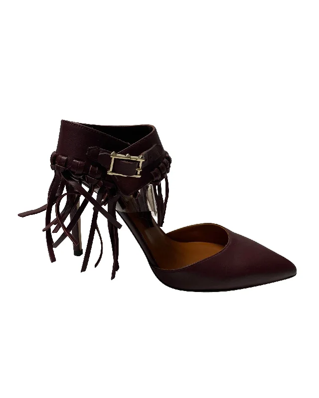 Women's tassel - adorned stiletto heel pumps for a bohemian touchValentino C-Rockee Fringe Ankle Strap Sandals in Burgundy Leather