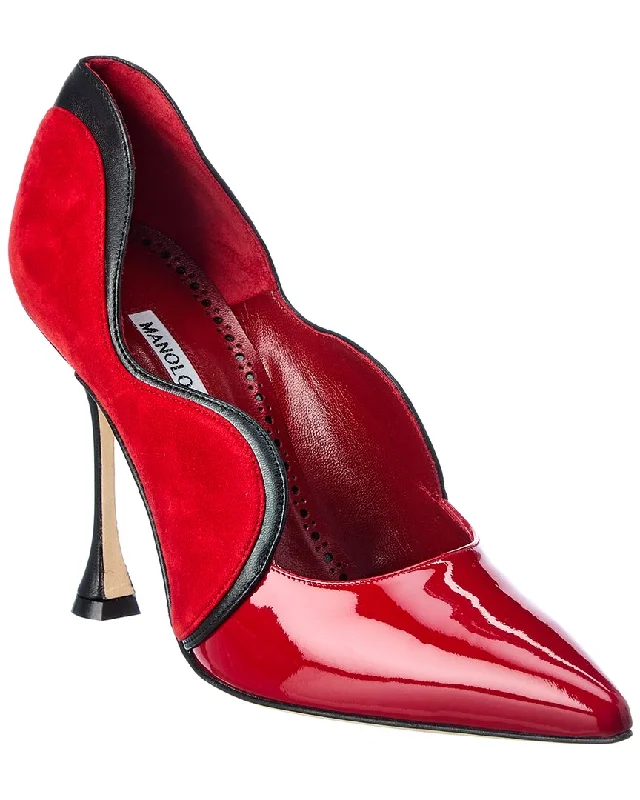 Women's cocktail party stiletto heel pumps with a unique patternManolo Blahnik Hamaki 105 Patent & Suede Pump