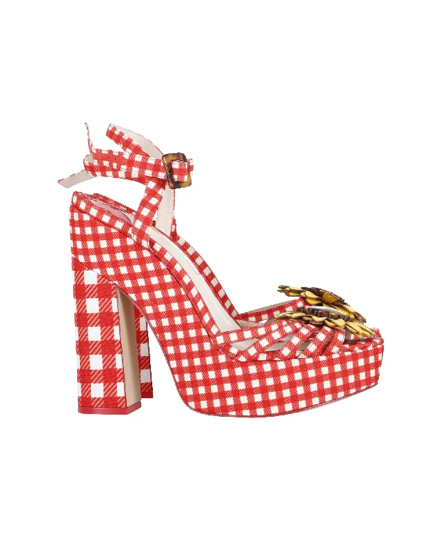 Women's padded - insole stiletto heel pumps for added comfortSophia Webster Doris Leather-Trim Gingham Platform Sandals in Red Cotton