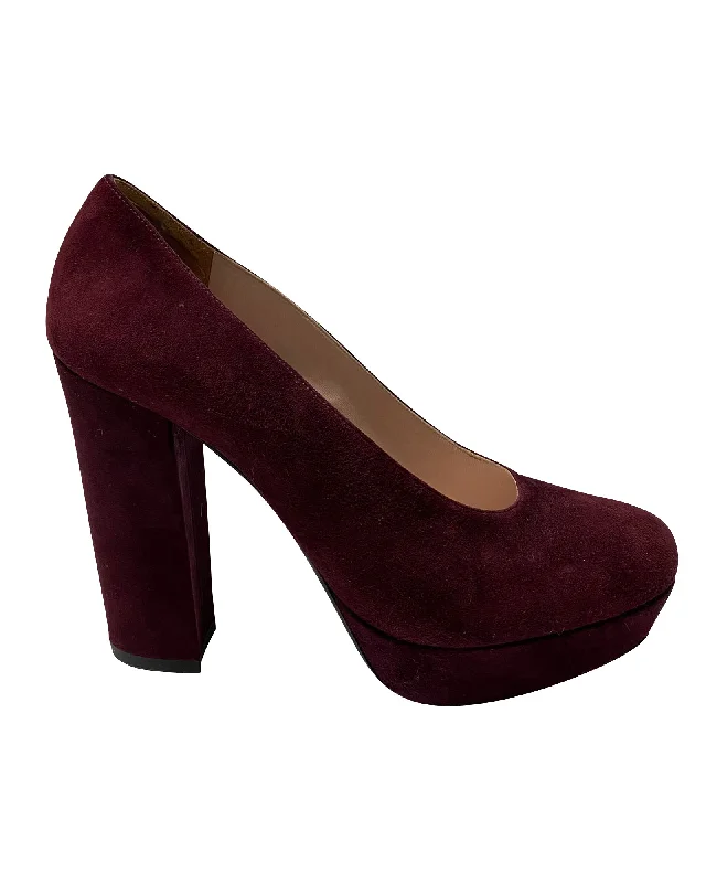 Women's bronze stiletto heel pumps for a warm and metallic lookMiu Miu Block Heel Pumps in Burgundy Suede