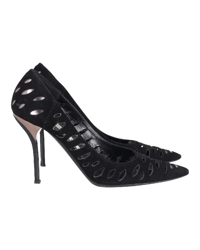 Women's ruffled stiletto heel pumps for a romantic styleJimmy Choo Lasercut Romy Pumps Black Suede