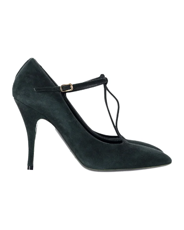 Women's platform stiletto heel pumps with a chunky soleRochas Green T-Strap Pumps in Green Suede