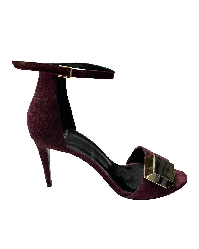 Women's patent leather stiletto heel pumps with a high - shine finishPierre Hardy 3D Cube Ankle Strap Heels in Burgundy Suede