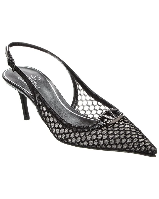 Women's burgundy stiletto heel pumps for a sophisticated appearanceValentino VLogo 60 Mesh & Leather Slingback Pump