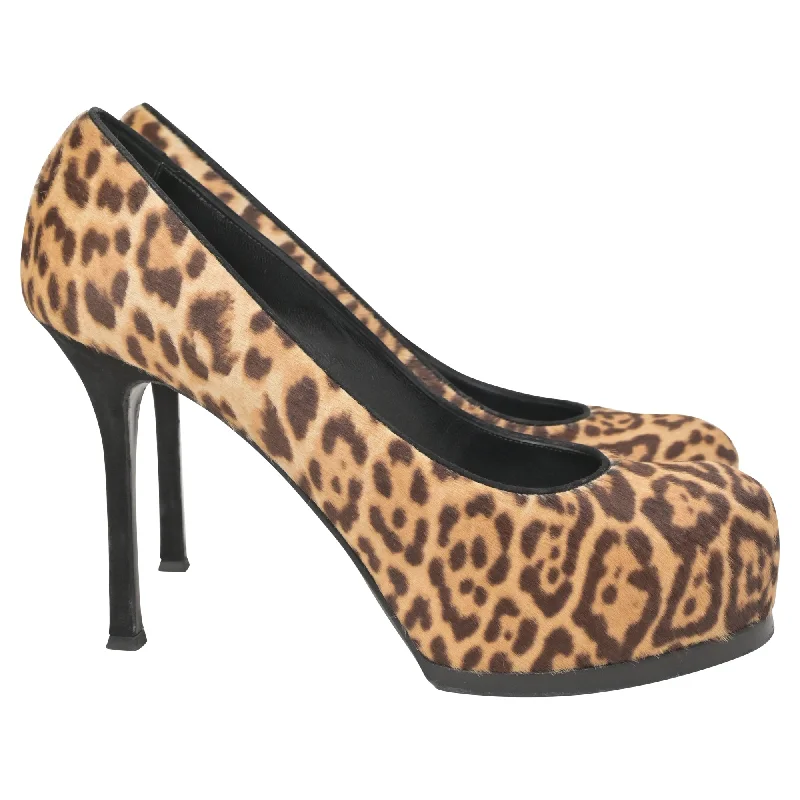 Women's studded stiletto heel pumps for an edgy lookSaint Laurent Tribtoo Platform Pumps in Animal Print Pony Hair