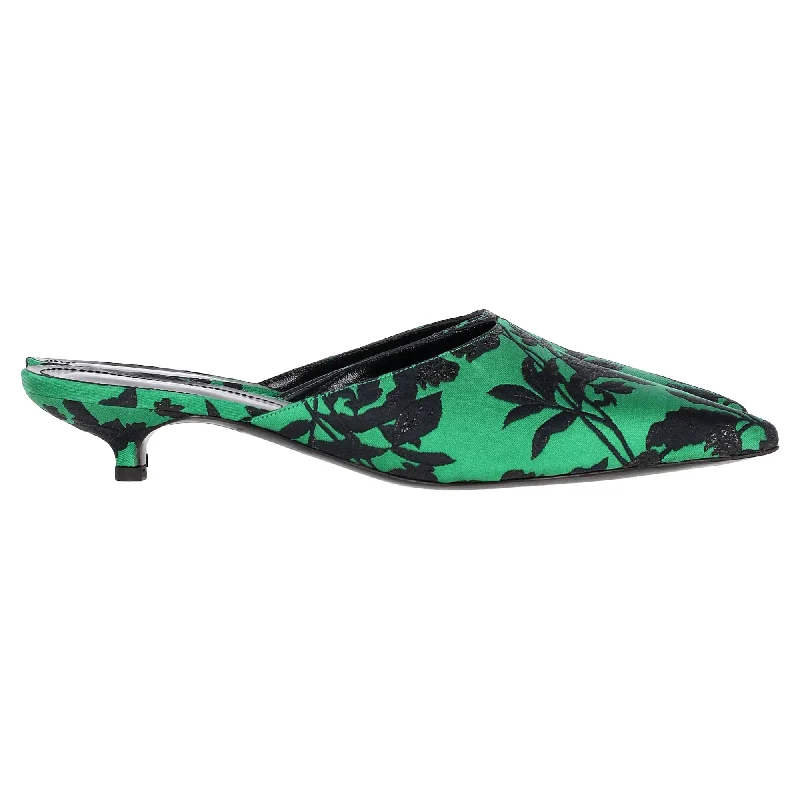 Women's metallic leather stiletto heel pumps with a reflective surfaceErdem Kitten Heel Mules in Green Satin