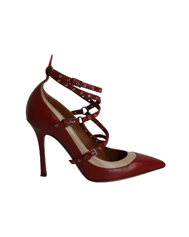 Women's pointed - toe slingback stiletto heel pumps in a peep - toe designValentino Two Tone Love Latch Detail Eyelet Embellished Pumps in Red Leather