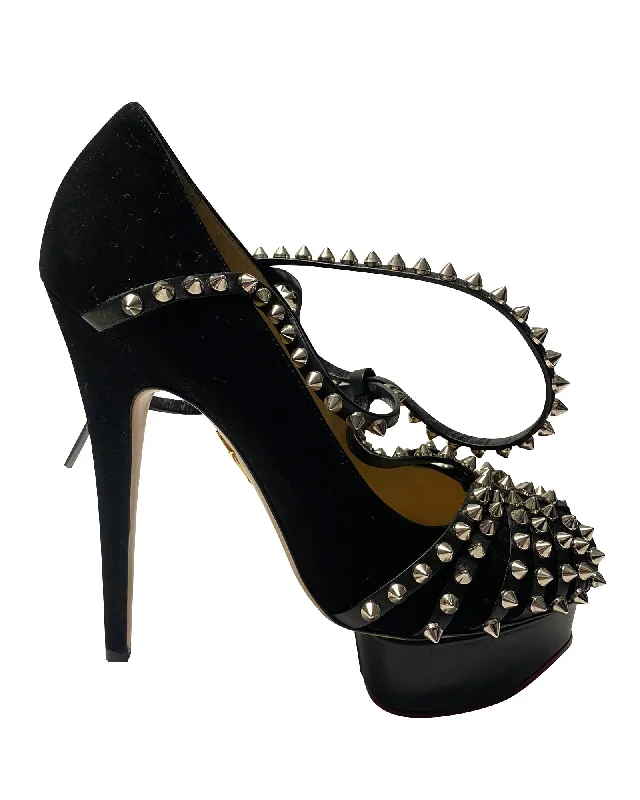 Women's holiday party stiletto heel pumps with a festive touchCharlotte Olympia Angry Portia Studded Platform Pumps in Black Suede