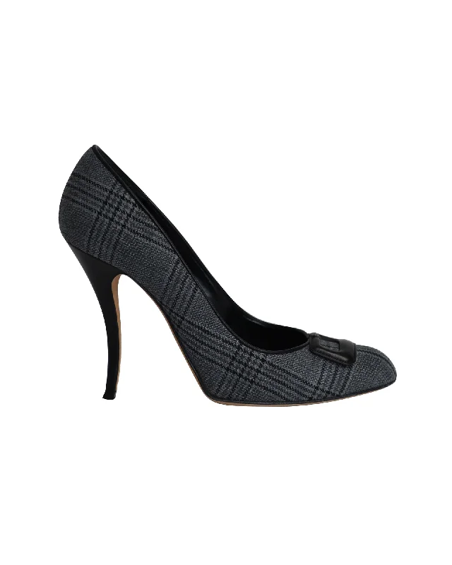 Women's evening gala stiletto heel pumps in a long - lasting colorManolo Blahnik Buckled Plaid Pumps in Grey Cotton