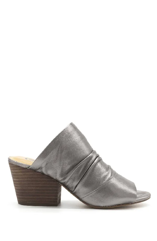 Women's bronze stiletto heel pumps for a warm and metallic lookLandon Leather Block Heel In Silver Leather