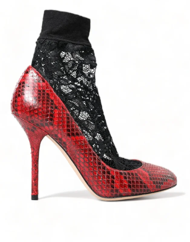 Women's wide - width stiletto heel pumps for a comfortable fitDolce & Gabbana  Almond Toe Snakeskin Pumps with Lace Women's Socks