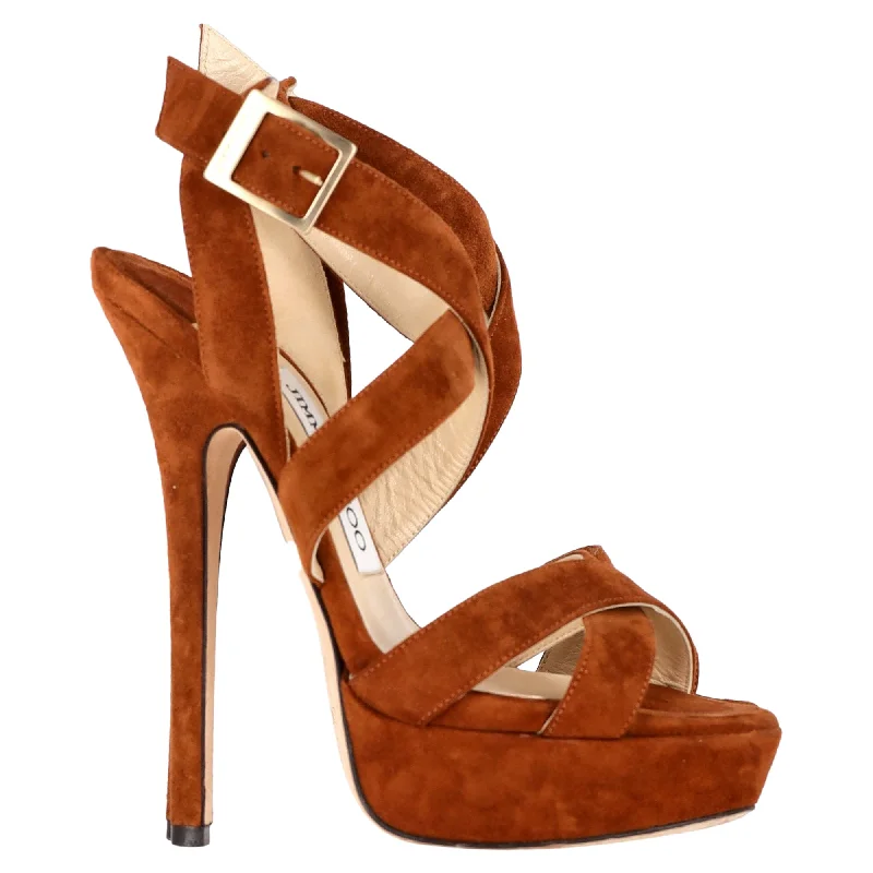 Women's tassel - adorned stiletto heel pumps for a bohemian touchJimmy Choo Lottie Strappy Platform Sandals in Brown Suede