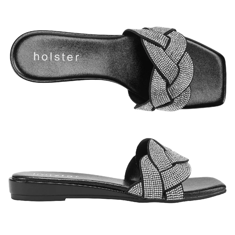 Women's Sandals with a Glitter - Coated Strap in Gold for a Sparkly Summer OutfitAnastasia Low Wedge - Black