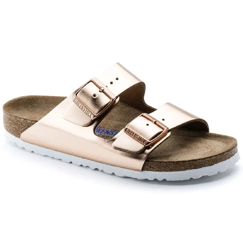 Sustainable Women's Recycled Material Sandals in Beige for Eco - Conscious ShoppersBirkenstock Arizona Soft Footbed Leather Metallic Copper