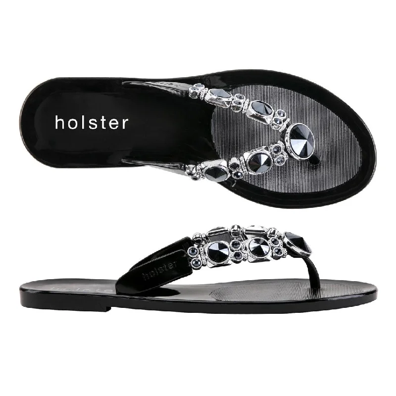 Women's Thong Sandals with a Beaded Design in Multicolor for a Beachy AestheticGlam - Black