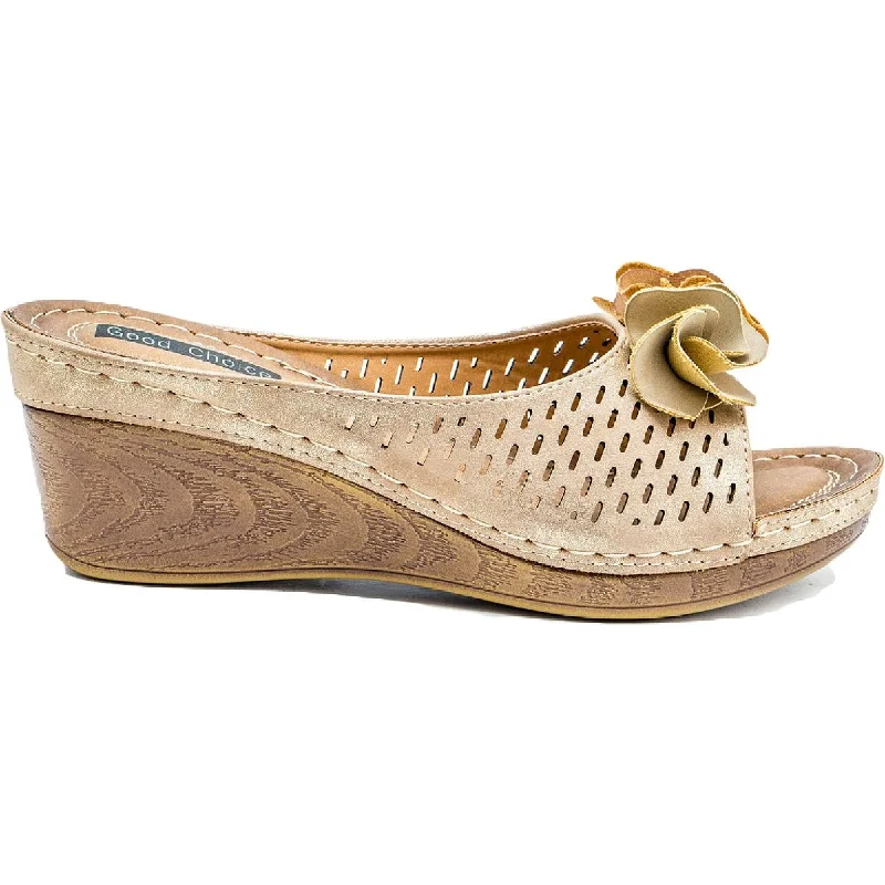 Women's Sandals with a Glitter - Coated Strap in Gold for a Sparkly Summer OutfitGood Choice Womens Juliet Faux-Leather Perforated Wedge Sandals