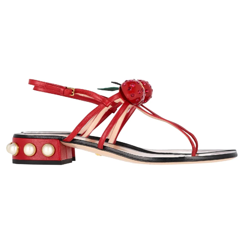 Women's Strappy Gladiator Sandals with Buckle Closures in Tan for a Boho LookGucci Hatsumomo Cherry Thong Sandals in Red Leather