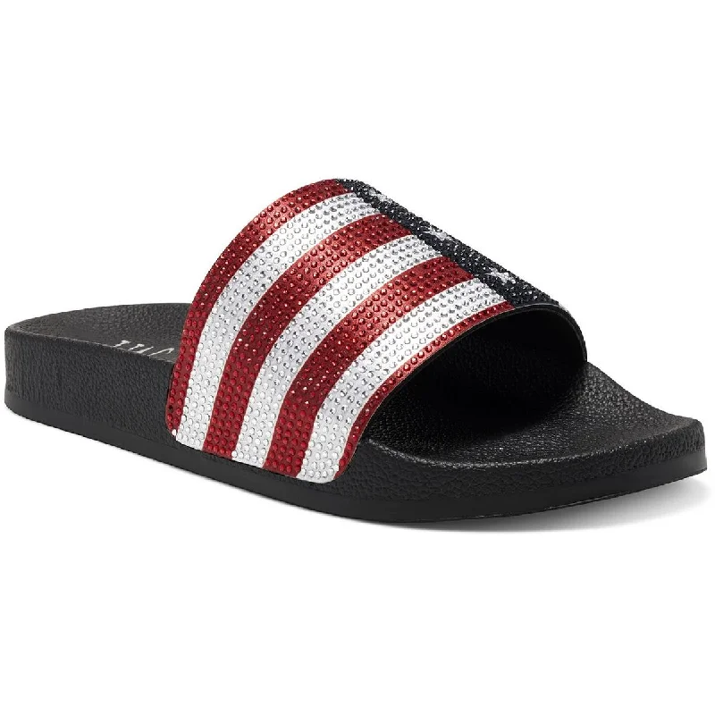 Women's Ankle - Strap Sandals with a Block Heel in Red for a Sophisticated StyleINC Womens Peymin 66 American Flag Rhinestone Pool Slides