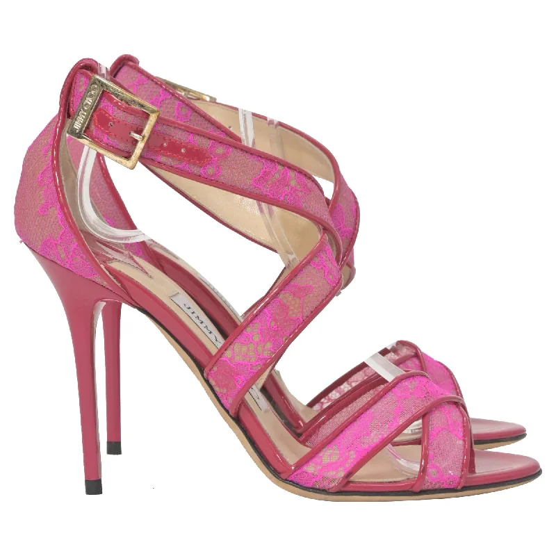 Women's Ankle - Strap Sandals with a Block Heel in Red for a Sophisticated StyleJimmy Choo Lottie Lace Detail Strappy Heels in Pink Leather